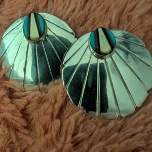 Silver Shell Earrings with Multicolor Inlay